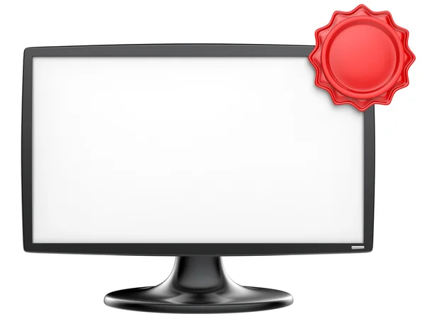 Monitor TV astratto con etichetta rossa isolata su sfondo bianco . — Foto Stock