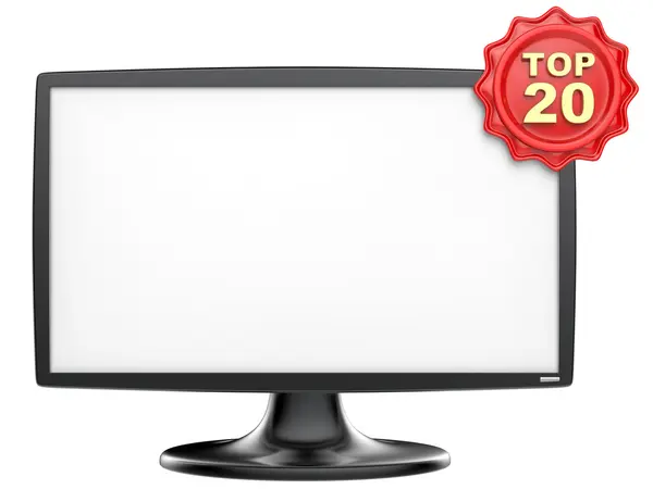 Abstraktní tv monitor s červeným štítkem izolovaných na bílém pozadí. — Stock fotografie