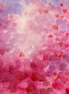Kalplerin suluboya arka planı. Soyut suluboya arka planda küçük pembe kalpler. Tasarım ve yaratıcılık için nefis bir romantik arka plan..