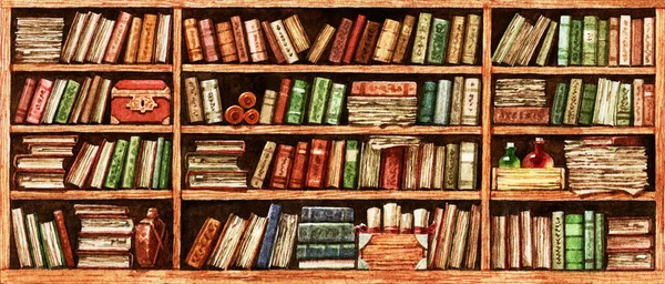 水彩画で描かれた古い図書館 アンティークの本棚 書籍や巻物を持つ木製の棚 古い本や写本の束 ストック写真