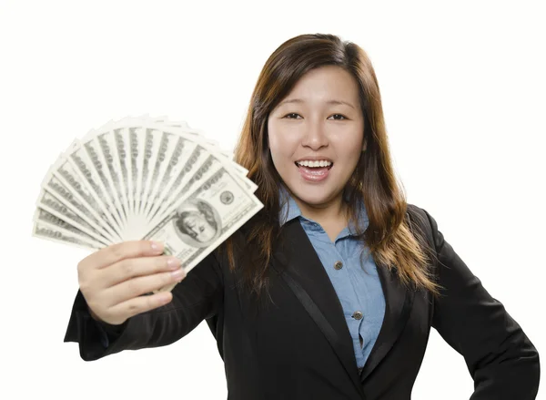 Happy young adult showing money — Stock Photo, Image