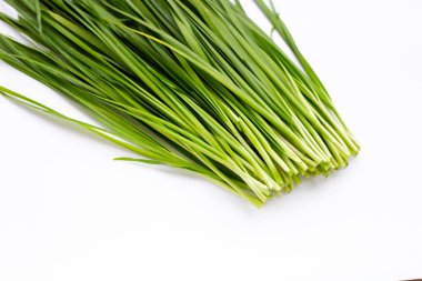 Beyaz arkaplanda taze Çin Chive yaprakları.