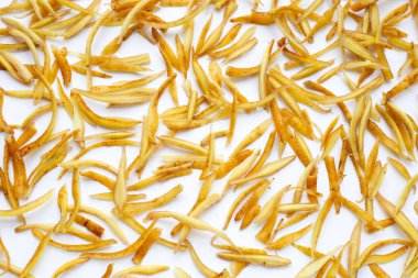 Beyaz arkaplanda dilimlenmiş parmak kökü.