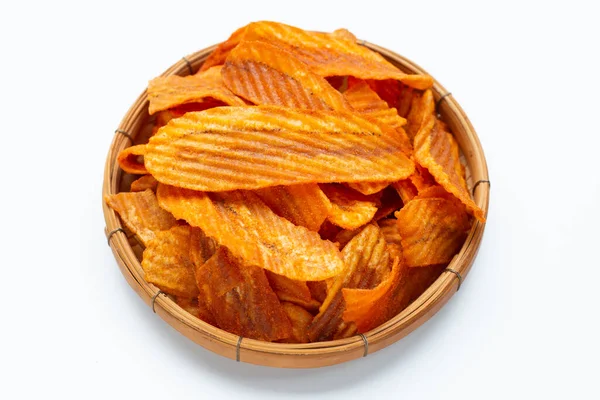 Spicy Snack Banana Slice Chips Paprika Flavor Bamboo Basket White — Stock Photo, Image