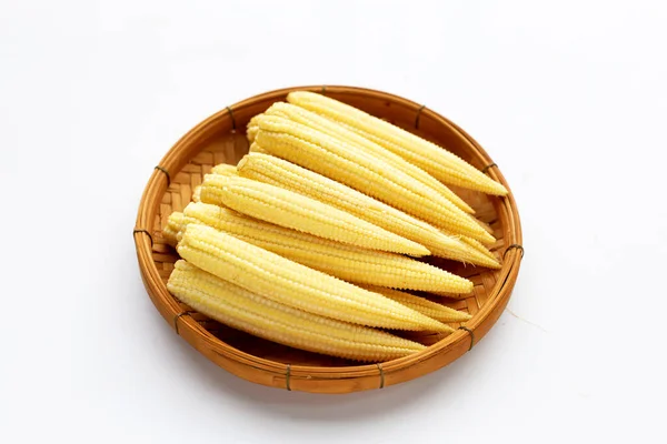 Baby Corn Bamboo Basket White Background — Stock Photo, Image