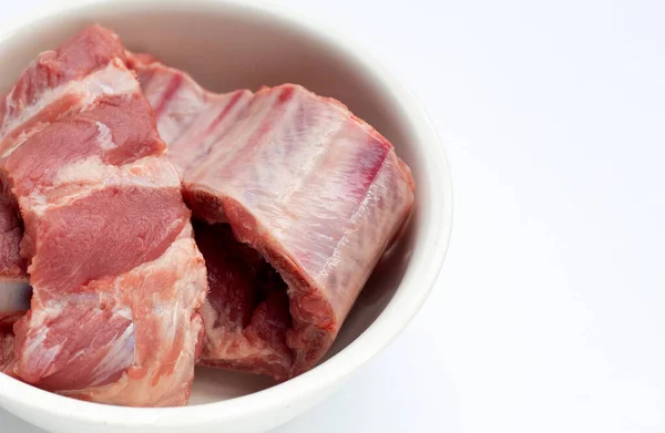 Raw Pork Ribs White Bowl White Background — Stock Photo, Image