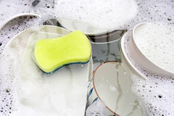 Washing Dishes Close Utensils Soaking Kitchen Sink — Stock Photo, Image