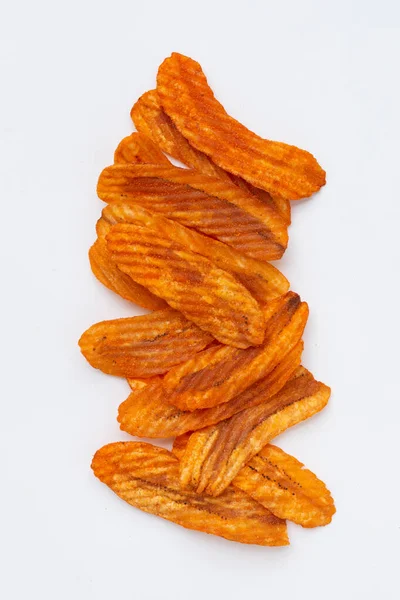 Kryddig Mellanmål Banana Slice Chips Paprika Smak Vit Bakgrund — Stockfoto