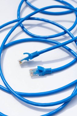 Beyaz arkaplanda LAN ağ bağlantısı ethernet mavi kablolar.
