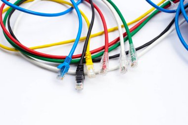 Beyaz arkaplanda LAN ağ bağlantısı ethernet kabloları.
