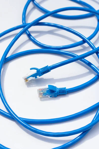 白い背景にLanネットワーク接続イーサネットブルーケーブル — ストック写真