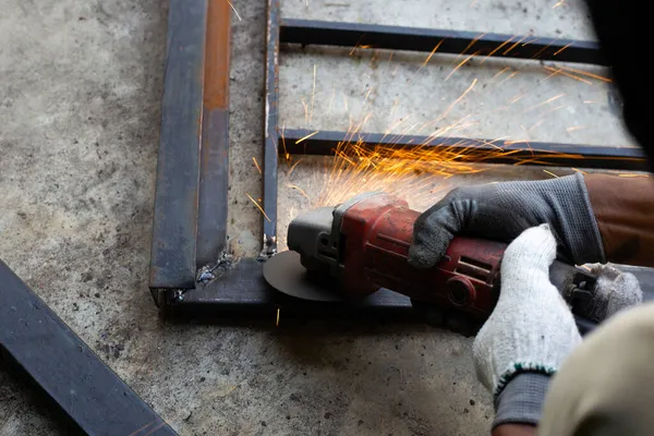 Close Man Working Angle Grinder Iron Gate Repair — Stock Photo, Image