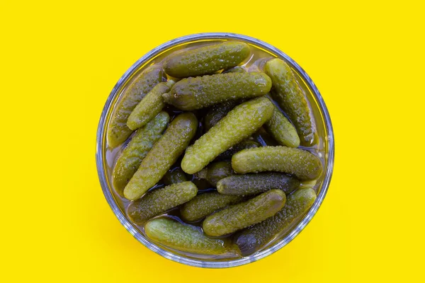 Pickled Gherkins Cucumbers Glass Bowl Yellow Background — Stock Photo, Image