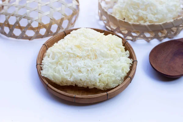 Tremella Mushroom Bamboo Basket White Background — Stock Photo, Image