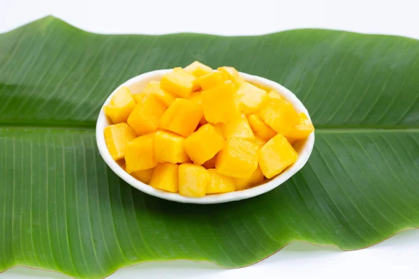 Tropical Fruit Mango Cube Slices White Bowl Banana Leaf — Stock Photo, Image