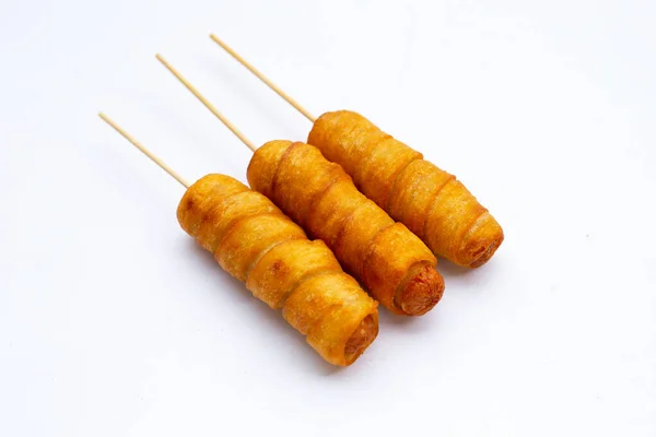 Fried Dough Snacks Wrapped Sausage White Background — Stock Photo, Image