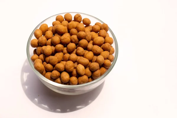 Crispy Peanut Snack Balls Glass Bowl White Background — Stock Photo, Image