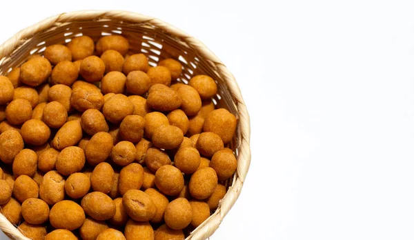 Crispy Peanut Snack Balls Bamboo Basket White Background — Stock Photo, Image