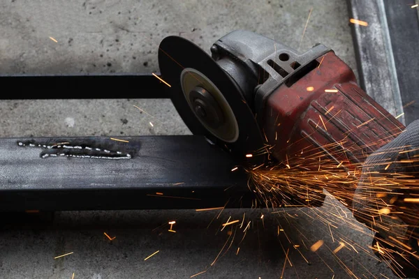 Close Man Working Angle Grinder Iron Gate Repair — Stock Photo, Image