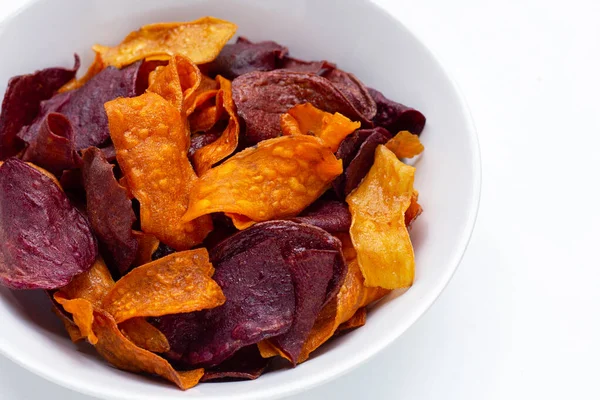 Purple Yellow Sweet Potato Chips White Bowl — Stock Photo, Image