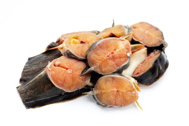 Yayınbalığı beyaz arkaplandaki parçaları kesti.