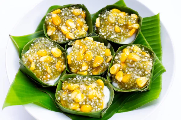 Pudim Coco Sobremesa Tailandesa Com Pérola Tapioca Sago Milho — Fotografia de Stock