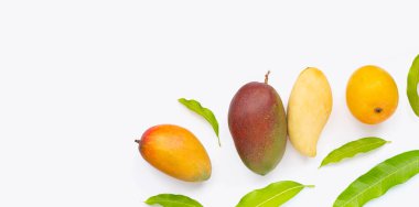 Tropik meyve, beyaz arka planda mango. Üst görünüm