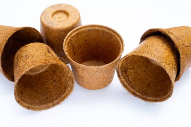 Beyaz arka planda Coco Coir çömlekleri.