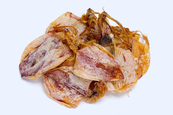 Beyaz arkaplanda kurumuş mürekkep balığı.