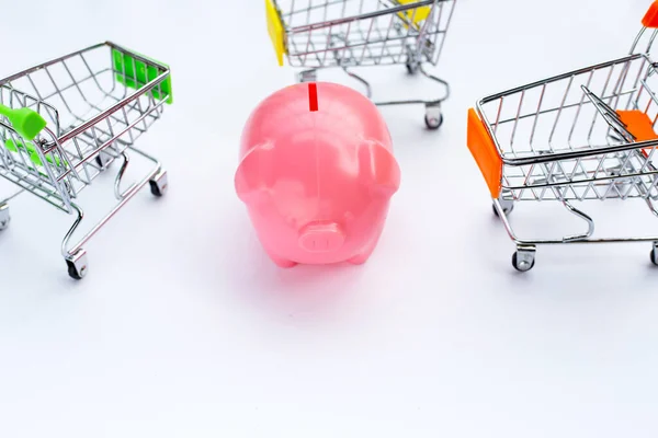 Piggy Bank Rosa Com Carrinho Compras — Fotografia de Stock
