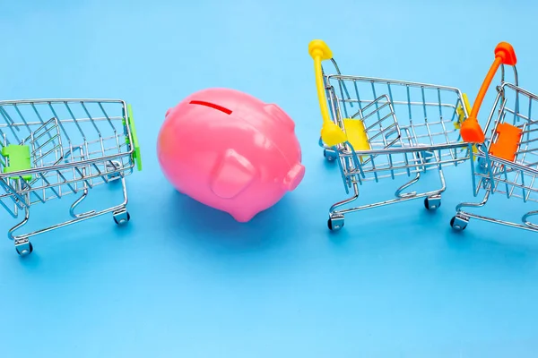 Pink piggy bank with shopping cart