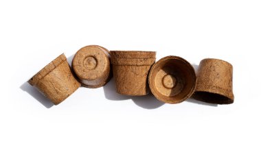 Beyaz arka planda Coco Coir çömlekleri.
