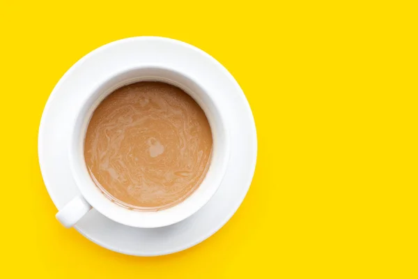 Tasse Kaffee Auf Gelbem Hintergrund Ansicht Von Oben — Stockfoto