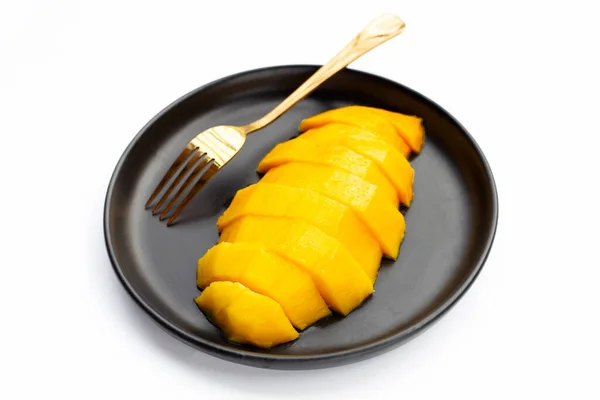 Yellow Mango Slices Dark Plate White Background — Stock Photo, Image