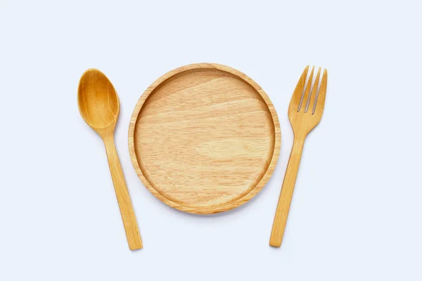 Wooden Plate Spoon Fork — Stock Photo, Image