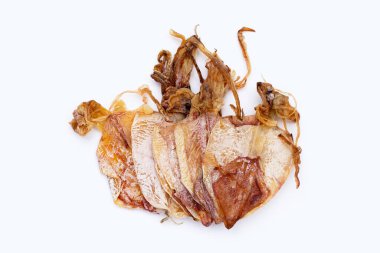 Beyaz arkaplanda kurumuş mürekkep balığı.