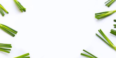 Beyaz arkaplanda taze soğandan yapılmış çerçeve.