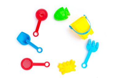 Plastic toys, shovels with bucket
