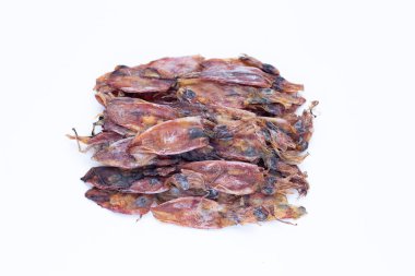 Beyaz arkaplanda kurumuş mürekkep balığı.