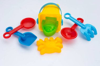 Plastic toys, shovels with bucket