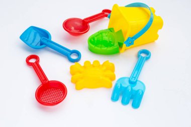 Plastic toys, shovels with bucket