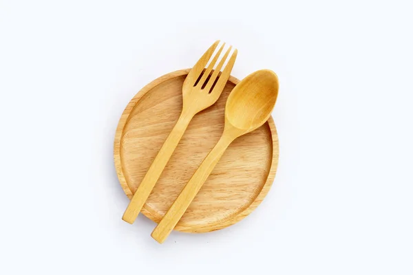Wooden Plate Spoon Fork White — ストック写真