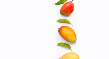 Tropik meyve, beyaz arka planda yaprakları olan mango. Boşluğu kopyala