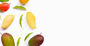 Beyaz arkaplanda yaprakları olan mango. 