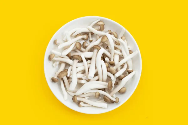 白ブナのキノコ しめじのキノコ 黄色の背景に食用キノコ — ストック写真