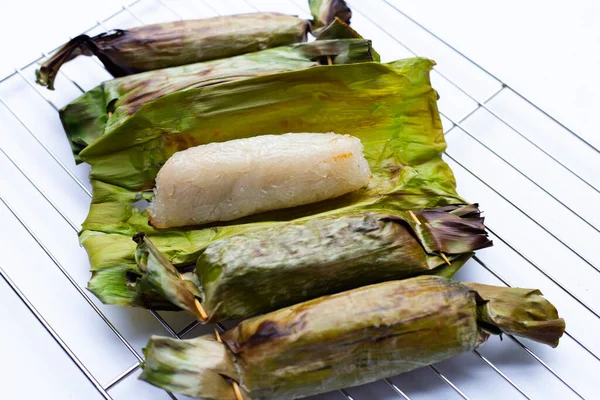 Grilled Sticky Rice Banana Leaves Banana Filling — 图库照片