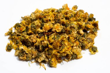 Dried chrysanthemum flower on white background.