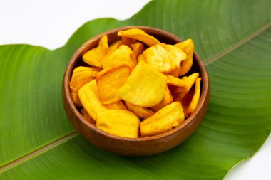 Jackfruit chips on green leaf