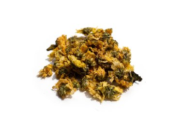 Dried chrysanthemum flower on white background.