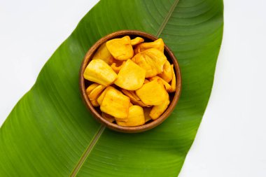 Jackfruit chips on green leaf
